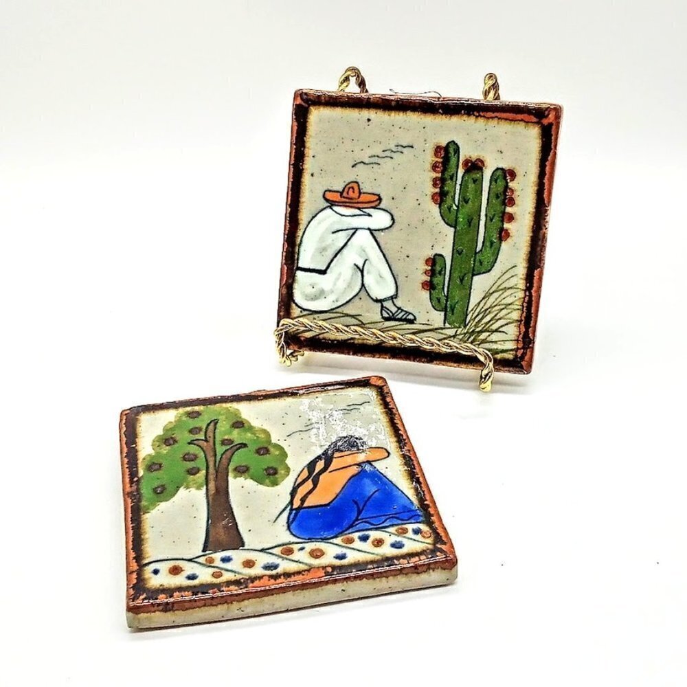 Mexican Ceramic Square Coasters Hanging Wall Folk Art